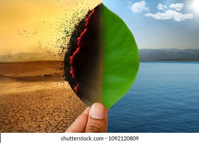 Climate change and Global warming concept. Burning leaf at land of cracked earth metaphor drought and Green leaf with river and beautiful clear sky metaphor Abundance of Nature.