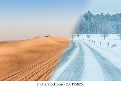 Climate change transition from summer desert heat to winter snow. Extreme contrast weather range at transportation road driving lanes. Dangerous drought golden desertification to snowy white blizzard