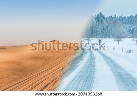 Climate change transition from summer desert heat to winter snow. Extreme contrast weather range at transportation road driving lanes. Dangerous drought golden desertification to snowy white blizzard