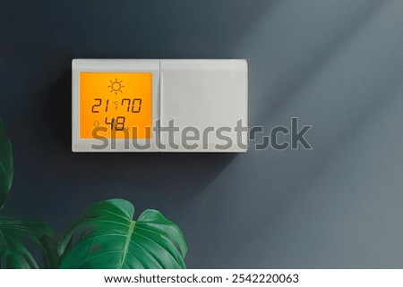 Climate controller. Smart home remote device. Adjust temperature. Appliances connected to home system. Modern home lifestyle. Smart office digital touch screen. Internet of things