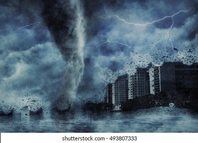 Climate Weather Catastrophe Tropical Thunderstorm Cyclone. 
Dramatic Scenerie During Hurricane Season On Coastline Miami Beach Florida USA, Image With Filter Effect.