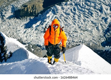 Climber Ascending The Everest Summit. Nepal, Himalayas