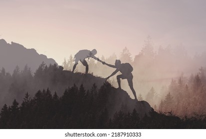 Climber helping each other climb up a steep mountain cliff  - Powered by Shutterstock