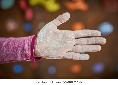 Climbing enthusiast shows chalk-covered hand after a challenging rock climbing session at indoor gym - Powered by Shutterstock