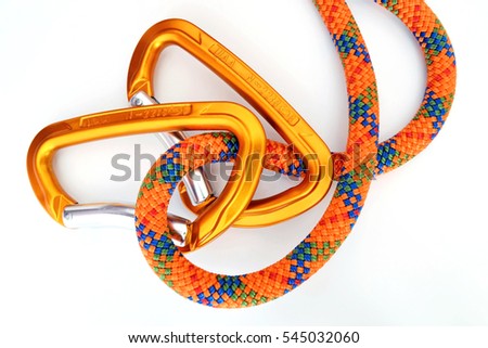 Climbing equipment - detail carabiners and rope