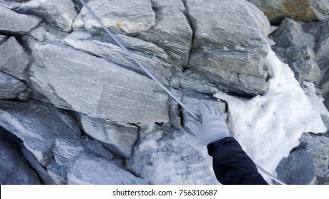 Climbing On The Rocks Near Mont-Blanc, Climber Personal Perspective Pov