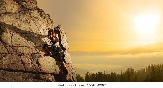 Climbing To The Top. Woman Climber On The High Rock At Foggy Sunset In The Mountains. Adventure And Extreme Sport Concept