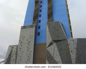 Climbing wall with casino in the background downtown Reno, NV