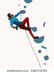 Climbing. Young man professional rock climber practicing against white background. Alpinism. Contemporary art collage. Concept of sport, competition, action and motion. Creative design
