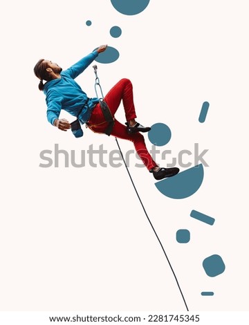 Climbing. Young man professional rock climber practicing against white background. Alpinism. Contemporary art collage. Concept of sport, competition, action and motion. Creative design Foto stock © 