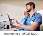 Clinic, discussion and nurse with xray by man for diagnosis, examination and medical assessment. Senior patient, people and healthcare with radiology scan for prostate cancer, treatment or evaluation