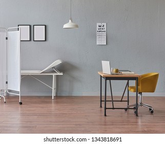 Clinic Room Interior, Healthcare Room, Surgery Room Style, Grey Wall White Bed And Table Style. Private Doctor Room.