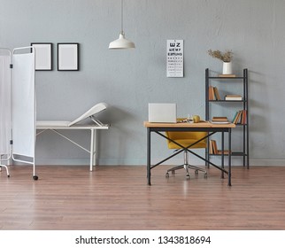 Clinic Room Interior, Healthcare Room, Surgery Room Style, Grey Wall White Bed And Table Style. Private Doctor Room.