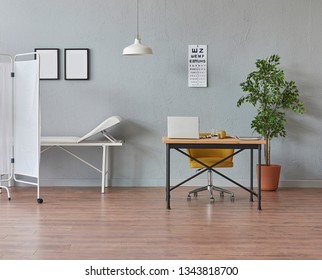 Clinic Room Interior, Healthcare Room, Surgery Room Style, Grey Wall White Bed And Table Style. Private Doctor Room.