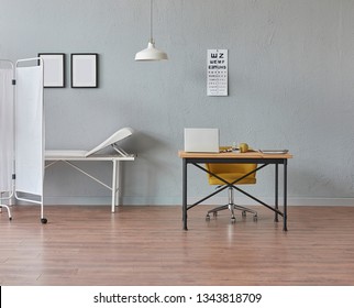 Clinic Room Interior, Healthcare Room, Surgery Room Style, Grey Wall White Bed And Table Style. Private Doctor Room.