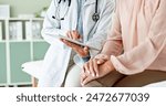 Clinic, tablet and hands of doctor with patient for consulting, medical service and help in hospital. Healthcare, telehealth and people on digital tech for diagnosis, online results and insurance