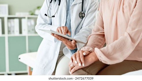 Clinic, tablet and hands of doctor with patient for consulting, medical service and help in hospital. Healthcare, telehealth and people on digital tech for diagnosis, online results and insurance - Powered by Shutterstock