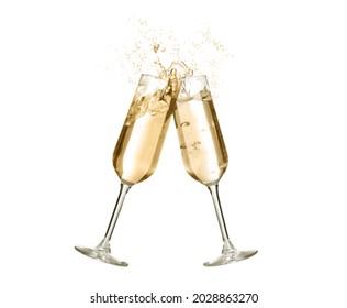 Clinking glasses of sparkling wine with splash on white background - Powered by Shutterstock