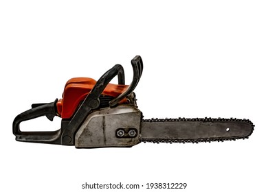 Clipart of old dirty working chainsaw isolated on white background. Gasoline firewood cutting tool - side view