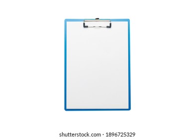 Clipboard with blank sheet on isolated white background. Concept questionnaire, form, contract. Banner. Flat lay, top view.