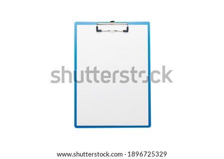 Clipboard with blank sheet on isolated white background. Concept questionnaire, form, contract. Banner. Flat lay, top view.