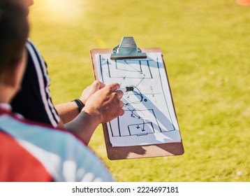 Clipboard, game planning and on field for soccer, sports and outdoor for competition with coach. Football, strategy and communication for instructions, talking and paper for match day formation. - Powered by Shutterstock