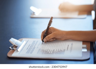 Clipboard, hands and writing on document with pen for survey on table mockup. Filling in paperwork, questions and woman with application form, checklist or test, examination and review for assessment