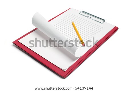 Clipboard with Papers and Pencil on White Background