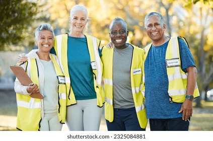 Clipboard, volunteering portrait and people in park for cleaning, community service or gardening checklist. Environment, group teamwork and senior woman or friends in ngo or nonprofit project outdoor - Powered by Shutterstock