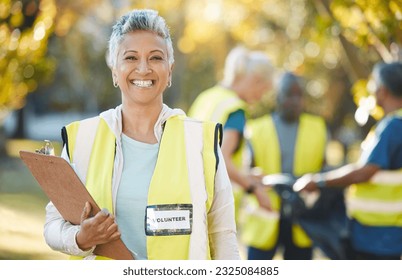 Clipboard, volunteering portrait and woman in park cleaning, community service and pollution or waste checklist. Pollution, inspection and senior person or manager in ngo or nonprofit project outdoor - Powered by Shutterstock