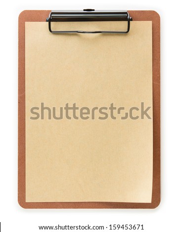 Clipboard with, brown paper, isolated on white. slight page curl. 