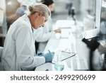 Clipboard, woman and scientist writing in laboratory for medical research on cancer drug trial. Checklist, investigation and female biologist with clinic protocol development for pharmaceutical study