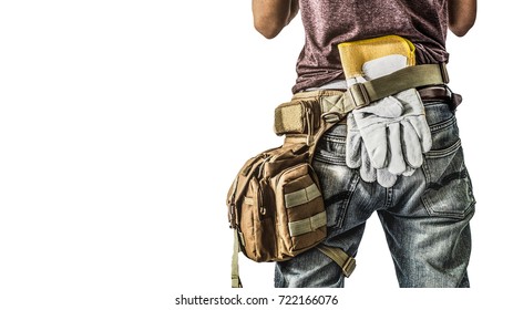 Clipping Path Adult Construction Man Site Manager Or Building Site Foreman Worker Turn Back Carry Tooling Isolated White Background