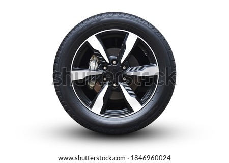 Clipping path. Black Wheel super car isolated on White background view. Magneto wheels. Movement view. Close-up.