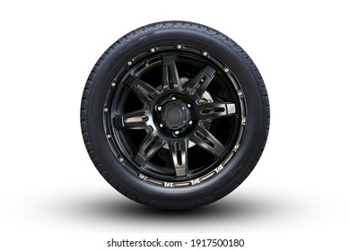 Clipping path. Close up of Black Wheel super car isolated on White background. Movement. Magneto wheels. Car decoration. Move. Flat lay(Top view) - Shutterstock ID 1917500180