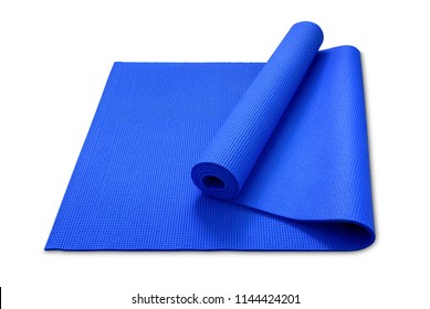 Clipping Path, Close Up Roll Blue Color Yoga Mat Isolated On White Background