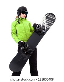 Clipping Path For A Female Snowboarder Isolated On White Background