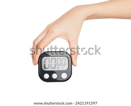 Clipping path, hand holding stopwatch on isolated white background.