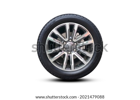 Clipping path. Silver Wheel super car isolated on white background view. Magneto Wheels. Movement. Move car. Closeup. Top view. Flat lay view. Alloy Wheel.