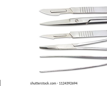 Clipping path of standard scissors 
clamp and scalpel with blade in surgical equipment isolated on white background
