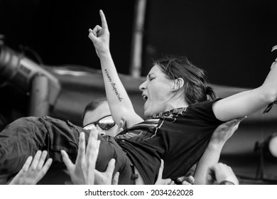 CLISSON, FRANCE - JUNE 20, 2019: Woman's Crowdsurfing During The Ministry's Concert At Knotfest Meets 2019