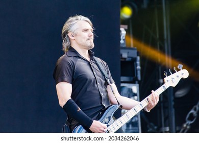 CLISSON, FRANCE - JUNE 20, 2019: Paul D'Amour (bass Guitarist) Of The Metal Band Ministry In Concert At Knotfest Meets Hellfest 2019