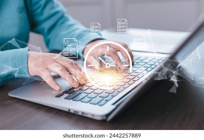 Clock 24h service and folder icon Concept, Businessman hand holding clock and line people icon, time management and business work planning, idea and concept of the schedule of the daily routine, - Powered by Shutterstock - Get 15% off with code: PIKWIZARD15