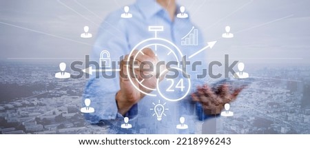 Clock 24h service and people icon Concept, Businessman hand touch clock and line people icon, time management and business work planning, idea and concept of the schedule of the daily routine,