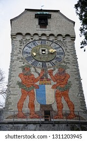 The clock   the beautiful drawings the churches the city Zürich  Switzerland