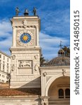Clock and bell tower of the Loggia di San Giovanni in Freedom square (Piazza della Liberta), Udine, Friuli-Venezia Giulia, Italy, Europe.