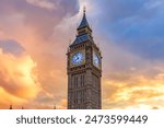 Clock of Big Ben tower at sunset, London, UK