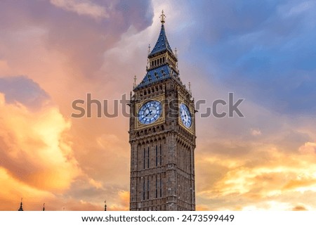 Clock of Big Ben tower at sunset, London, UK