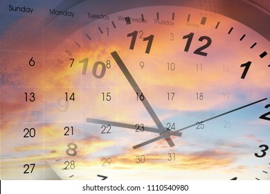 Clock And Calendar In Bright Sky. Time Passing