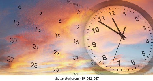 Clock And Calendar In Bright Sky. Time Passing